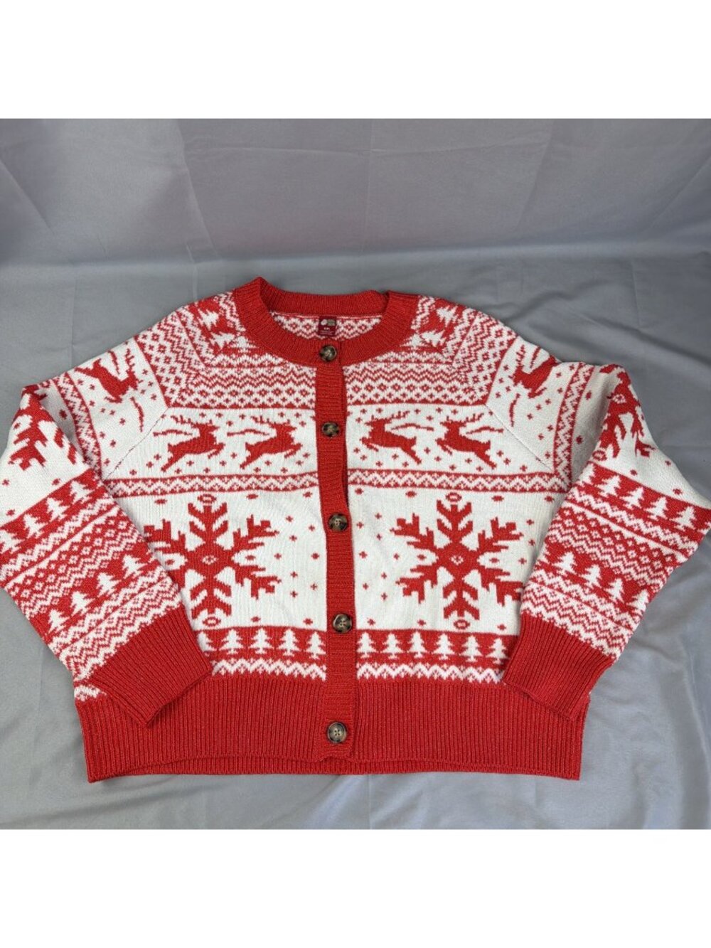 Women’s Cardigan Christmas Sweater Red White Reindeer Fair Isle Dec. 25th XXL